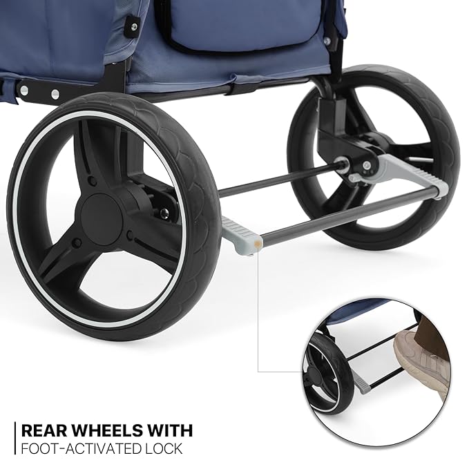 MoNiBloom Pet Stroller for Large Dogs or Multiple Dogs Cats with Adjustable Handle, 3-Wheels Dual Entry Portable Dog Carting Easy Folding Pet Wagon Double Dog Stroller up to 55 lbs, Navy Blue