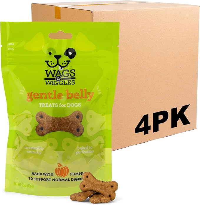 Wags & Wiggles Gentle Belly Functional Treats for Dogs, Chicken Flavor, Resealable Bag| Digestive Support | Pumpkin Dog Treats for Dogs with Sensitive Bellies, 5.5 Ounce - 4 Pack