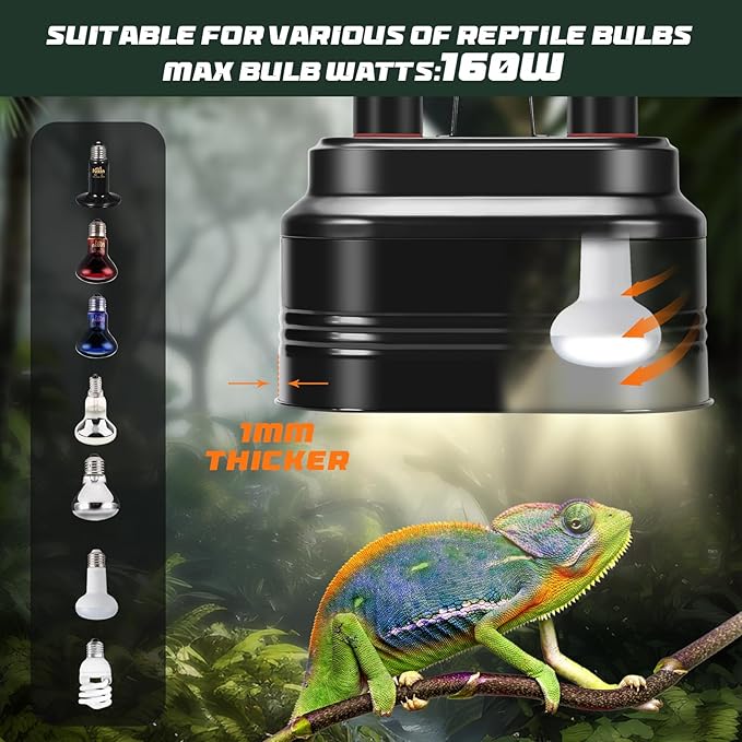 Dual Reptile Light Fixture with Thermostat Switch and Independent Switch, Deep Dome Reptile Heat Lamp Fixture Optical Reflector Lampshade for Bearded Dragon, Amphibians, Tortoise (Max 160W)