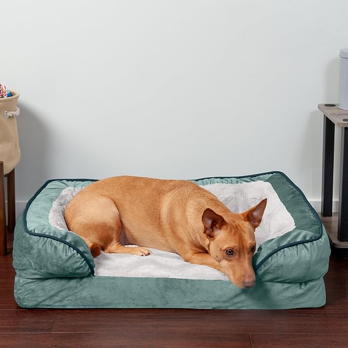 Furhaven Orthopedic Dog Bed for Medium/Small Dogs w/ Removable Bolsters & Washable Cover, For Dogs Up to 35 lbs - Plush & Velvet Waves Perfect Comfort Sofa - Celadon Green, Medium