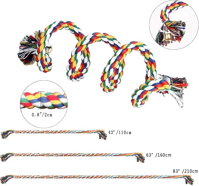 GINXIA Parrot Rope Perch Cotton Rope Bird Perch with Bell Climbing Stand Bar Bird Bungee Toy Parrot Chew Toys (43")