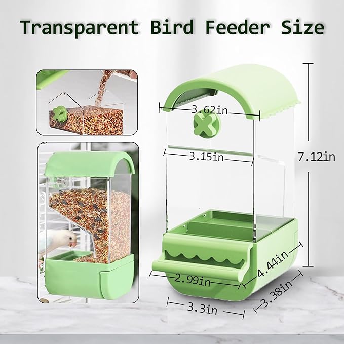 No Mess Bird Cage Feeder Automatic Parakeets Seed Food Container Acrylic Parrot Feeder Cage Accessories Transparent Small and Medium Lovebirds Canary Cockatiel Finch (Green)