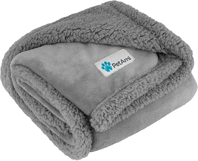 PetAmi WATERPROOF Dog Blanket for Bed, XL Dog Pet Blanket Couch Cover Protector, Sherpa Fleece Leakproof Blanket for Crate Kennel Sofa Furniture Queen Bed Protection Reversible Soft 90x90 Light Grey