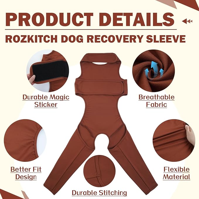 ROZKITCH Dog Surgery Recovery Sleeve Rear Right Left Leg, Pet Prevent Licking Wound Elbow Brace Protector, Dog Recovery Suit Cone Collar Alternative for Sprain ACL CCL Arthritis Joint Care Brown L