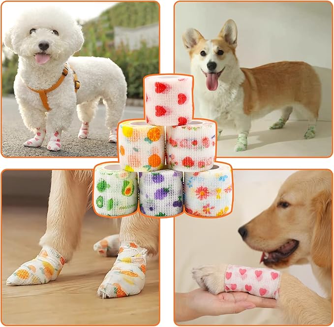 6 Roll 2 Inch x 5 Yards Pet Vet Wrap for Dogs Cats, Cohesive Bandages in Bulk, Colorful Cute Non-Woven Self Adhesive Bandages Wrap Roll for Pet Animals Wound Care Ankle Sprains & Swelling
