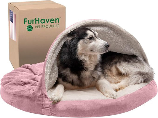 Furhaven 44" Round Memory Foam Dog Bed for Large Dogs w/ Removable Washable Cover, For Dogs Up to 80 lbs - Sherpa & Suede Snuggery - Pink, 44-inch