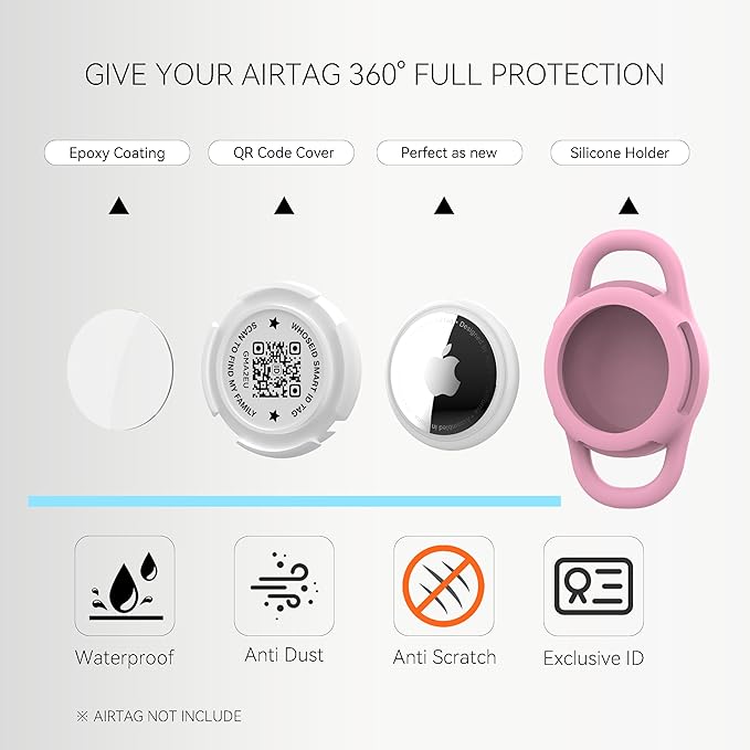 QR Code Airtag Holder, Scan QR Code Send Location Alert Email, Waterproof Full Body Protection Anti-Lost Air Tag Case, Airtag Accessories for Dog, Cats, Collar, Backpack (Pink, Small)