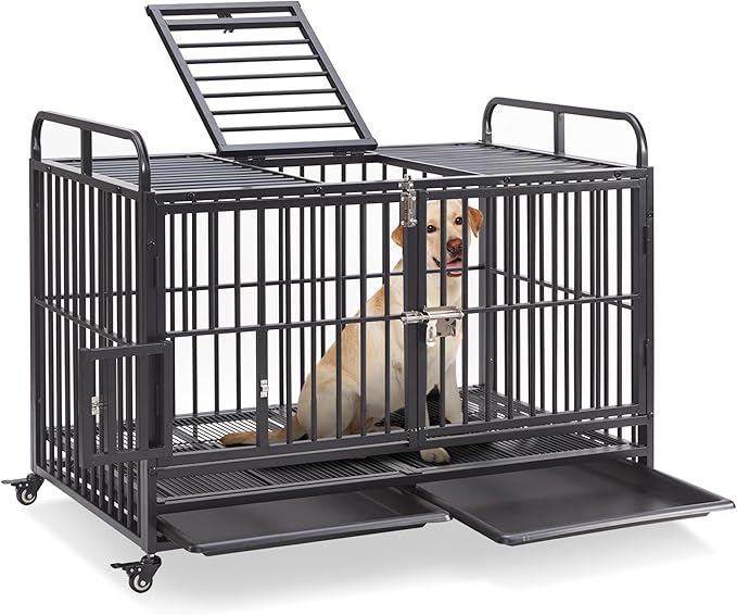 Lauren&Harold Large Dog Crate Furniture for Large Medium Dogs, 48 Inch Heavy Duty Dog Kennel Indoor with Wheels&Removable Tray, Dog Crates Cage House with Top Door&Feed Door