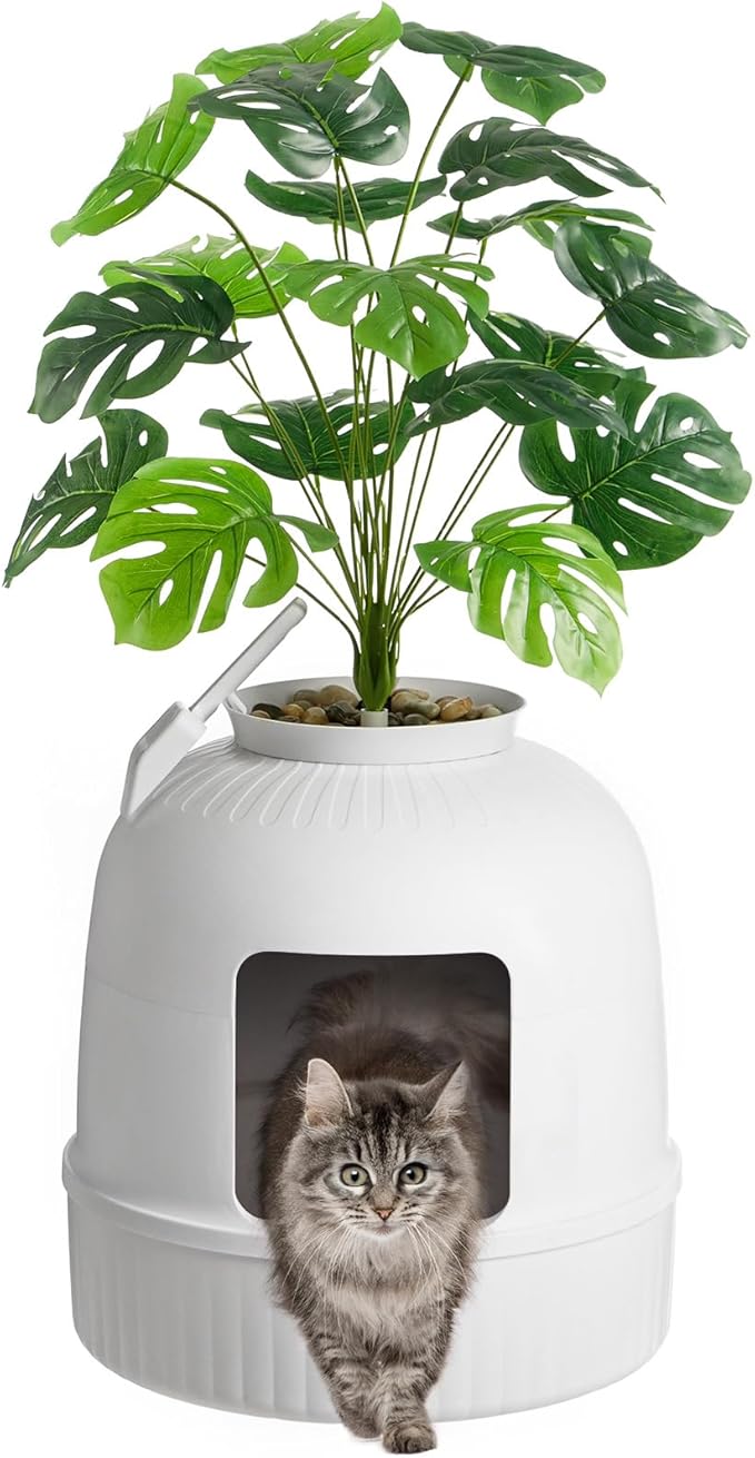 Lifewit Litter Box Cat with Faux Plant & Scoop(Random Color), Hidden Enclosure Litter Tray with Odor Control & Carbon Filter in Living Room/Bedroom/Bathroom Corner, White