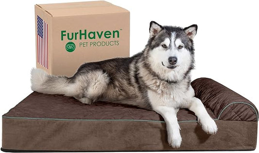 Furhaven Orthopedic Dog Bed for Extra Large Dogs w/ Bonus Water-Resistant Liner & Removable Washable Cover, For Dogs Up to 300 lbs - Goliath Quilted Faux Fur & Velvet Bolster Chaise - Espresso, 3XL