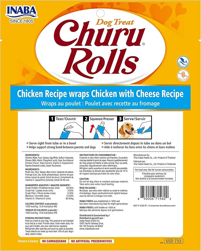 INABA Churu Rolls for Dogs, Grain-Free, Soft/Chewy Baked Chicken Wrapped Churu Filled Dog Treats, 0.42 Ounces Each Stick| 24 Stick Treats Total, Chicken with Cheese Recipe