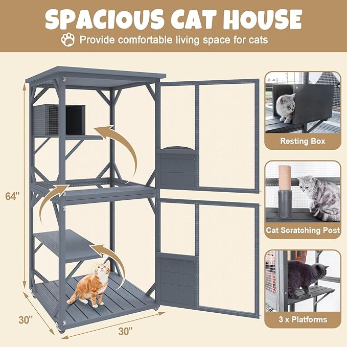 Catio Outdoor Cat House, Wooden Large Enclosure with Run on Wheels, 64" Outdoor/Indoor Cat Catio for Multiple Cats with Waterproof Roof, Platforms, Resting Box, Cat Scratching Post