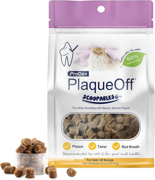 ProDen PlaqueOff Scoopables: Salmon-Flavored Dental Bites for Cats - Natural Kelp Formula for Plaque & Tartar Control, Freshens Breath- 45 Scoops