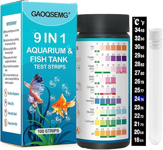 9-in-1 Water Testing Kit Aquarium,100 Strips Aquarium Water Test Strips,Freshwater Saltwater Fish Tank & Pond Fast & Accutate Testing for pH, Hardness, Chlorine, Nitrite,and More