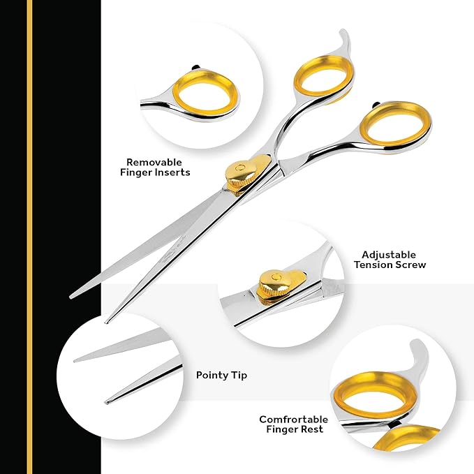 Sharf Gold Touch Pet Grooming Shear | Straight Cat & Dog Grooming Scissors | 6.5 Inch | 440c Japanese Stainless Steel Pet Dog Shearing Scissors | Animal Shears with Removable Comfort Rings