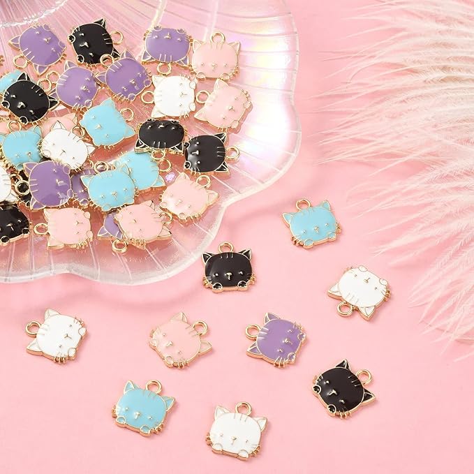 KitBeads 40pcs Mixed Colors Cat Charms Cartoon Animal Cat Head Charms Cute Pets Enamel Kitten Charms for Jewelry Making Bracelets Bulk