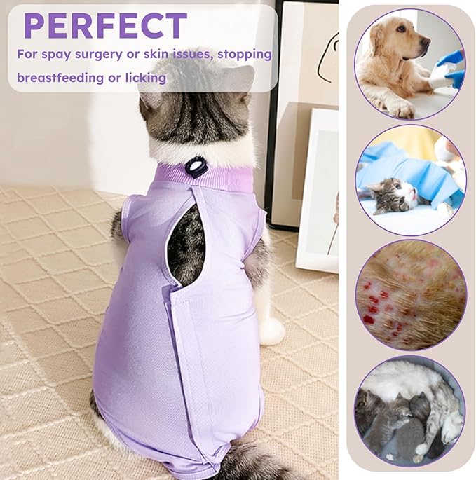 Cat Recovery Suit for Spay Abdominal Wound, Breathable Kitten Onesie for Cats After Surgery, Anti Licking Cat Cone Alternative, Pet Surgery Recovery Shirt-Purple(L)