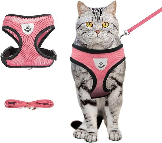 Summer cat Chest Harness and Leash, Anti-Escape Adjustable Soft mesh cat Leash and Chest Harness Set for All Types of Cats cat Vests(Size M,Pink)