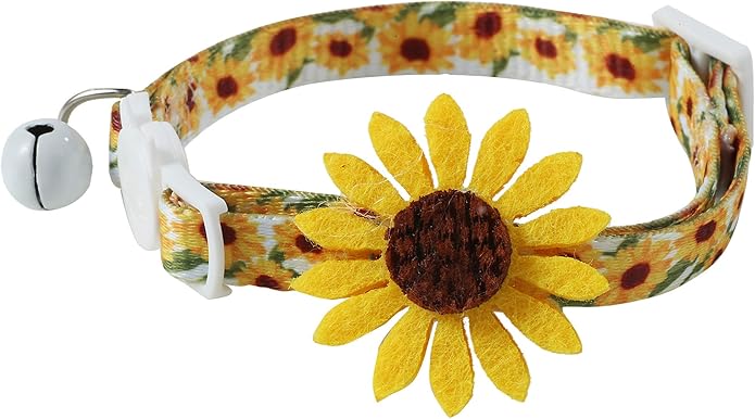 Flower Cat Collar with Detachable Sunflower Charm,Yellow Breakaway Kitten Collar with Bell