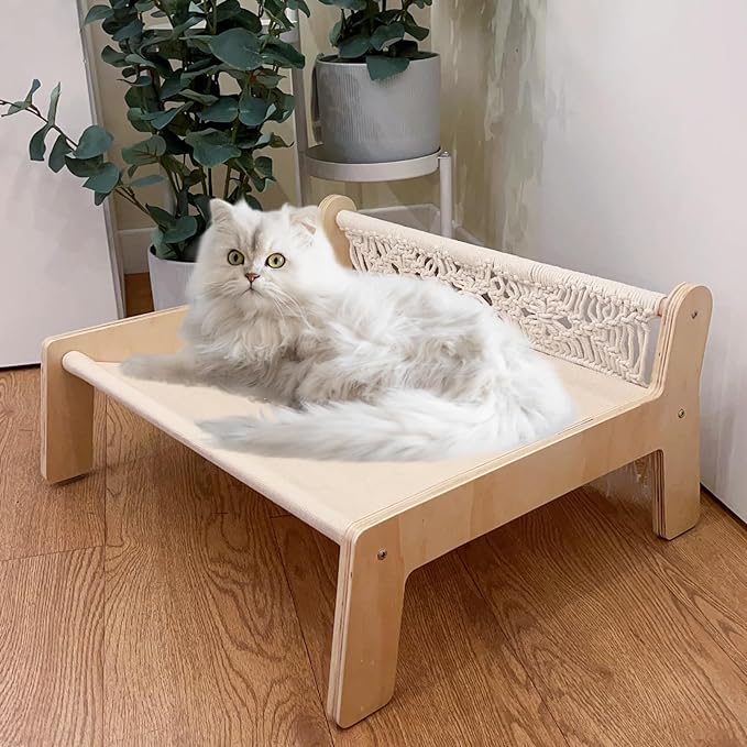 Boho Cat Hammock Bed - Macrame Elevated Cat Bed for Indoor Cats, Free-Standing Breathable Cat Chair, Wooden Cat Swing Bed Pet Furniture Gift for Cats and Small Dogs