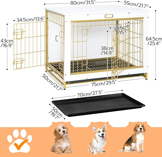 HOOBRO Dog Crate Furniture, Indoor Dog Kennel, Wooden Dog Furniture with Pull-Out Tray, Double Doors Dog House, Modern Side End Table for Medium/Large/Small Dog, 32.5" L, White DW802GW03