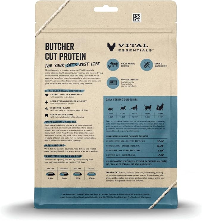 Vital Essentials Freeze Dried Raw Cat Food, Beef & Chicken Mini Nibs Entree, 12 oz