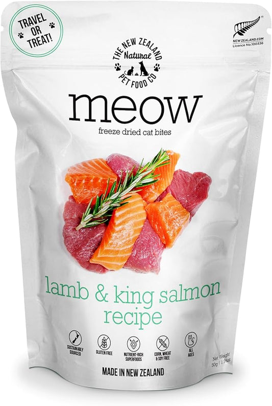 Meow Lamb & King Salmon Freeze Dried Raw Cat Food, Mixer, or Topper, or Treat - High Protein, Natural, Limited Ingredient Recipe 1.76 oz