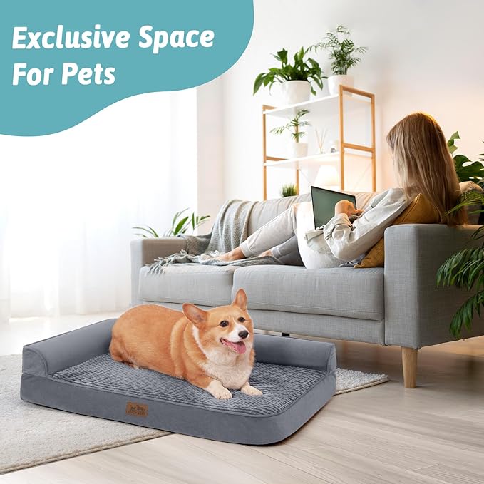 Orthopedic Dog Bed for Medium Sized Dogs,Waterproof Dog Sofa Beds with Sides, Supportive Foam Pet Couch Bed with Removable Washable Cover,Waterproof Lining and Nonskid Bottom,Grey(L-Shaped)