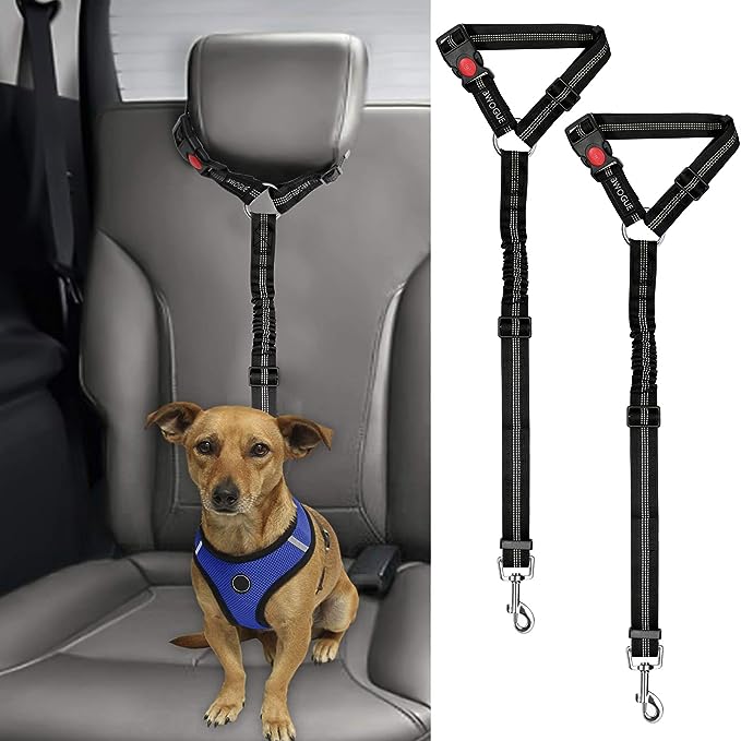 BWOGUE 2 Packs Dog Cat Safety Seat Belt Strap Car Headrest Restraint Adjustable Nylon Fabric Dog Restraints Vehicle Seatbelts Harness