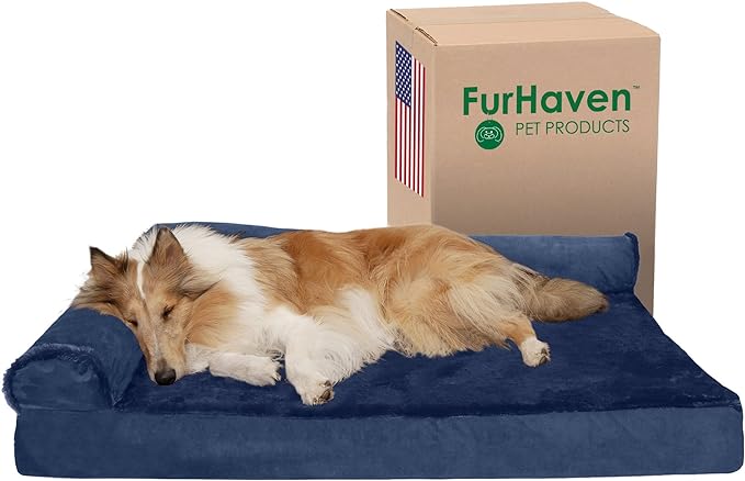 Furhaven Cooling Gel Dog Bed for Large Dogs w/ Removable Bolsters & Washable Cover, For Dogs Up to 95 lbs - Plush & Velvet L Shaped Chaise - Deep Sapphire, Jumbo/XL