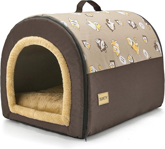 Jiupety Dog House Cozy, 2 in 1 Small Dog House, L Size for Small Medium Dog, Comfy Cave Portable House for Dogs, Brown