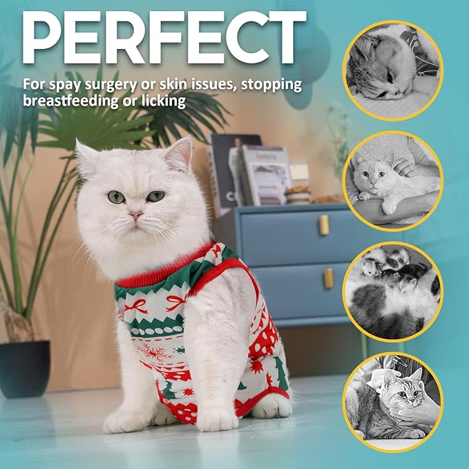 Avont Cat Recovery Suit, Cat Onesie for Cats After Spay Surgery Healing, Cat E-Collar Cone Alternative for Surgical Recovery Skin Diseases -Christmas(M)