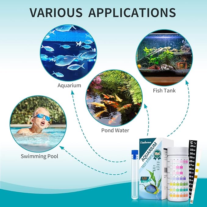 7 in 1 Aquarium Test Kit for Freshwater and Saltwater - 125 Aquarium Test Strips with Test Tube & Thermometer - Fast & Accurate Water Testing Strips for Aquarium/Pond/Pool