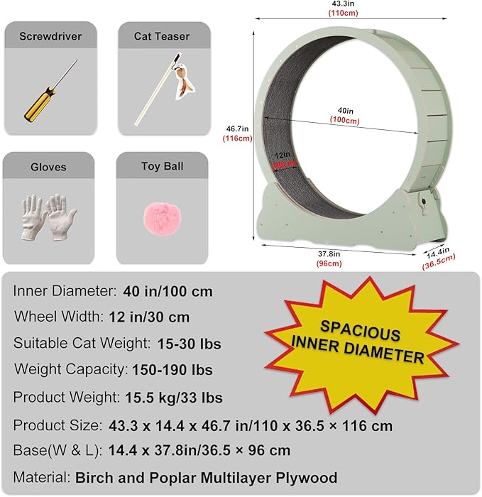 Cat Wheels for Indoor Cats. Extra Large Diameter Cat Treadmill. Made of Natural Solid Wood. Inside Diameter 40in/100cm. Including Installation Tools and Cat Teaser. (Green)
