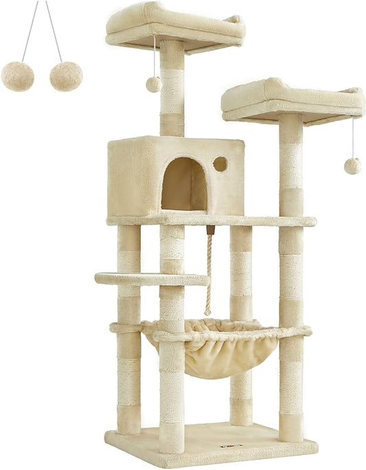 Feandrea Cat Tree, 56.3-Inch Cat Tower for Indoor Cats, Multi-Level Cat Condo with 11 Scratching Posts, 2 Perches, Cave, Hammock, Beige UPCT15BE