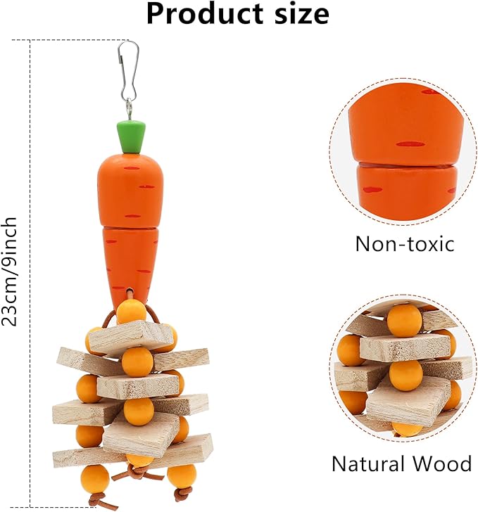 Bird Parrot Toys with Wood Blocks Beads and Colorful Ball, Hanging Parrots Cage Chewing Cascade Bite Toy for Small Medium Birds (Carrot Style-1p)