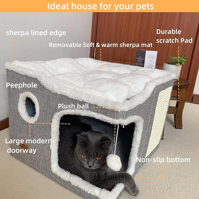 Cat Bed for Indoor Cats,Covered Cat Cave House & Furniture with Scratch Pad,Foldable Cat Hideaway Hut Cute Cat Condo with Soft Washable Mat for Multi Small Pet Under 30 lbs,Green