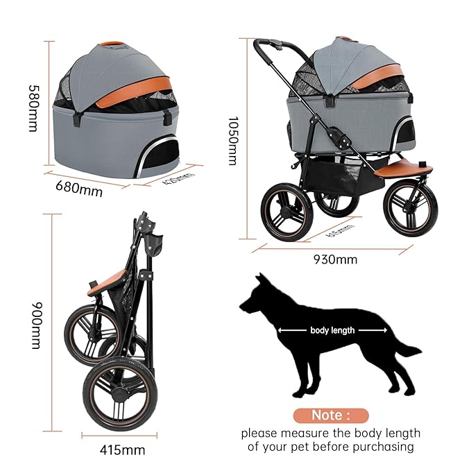 Dog Stroller for Medium Small Dogs, 3 in1 Pet Stroller Zipperless Dog Cat Jogger Stroller 3 Wheels with Detachable Dog Carriage, Storage Basket and One-Button Folding Frame for Pets Walk-Gray