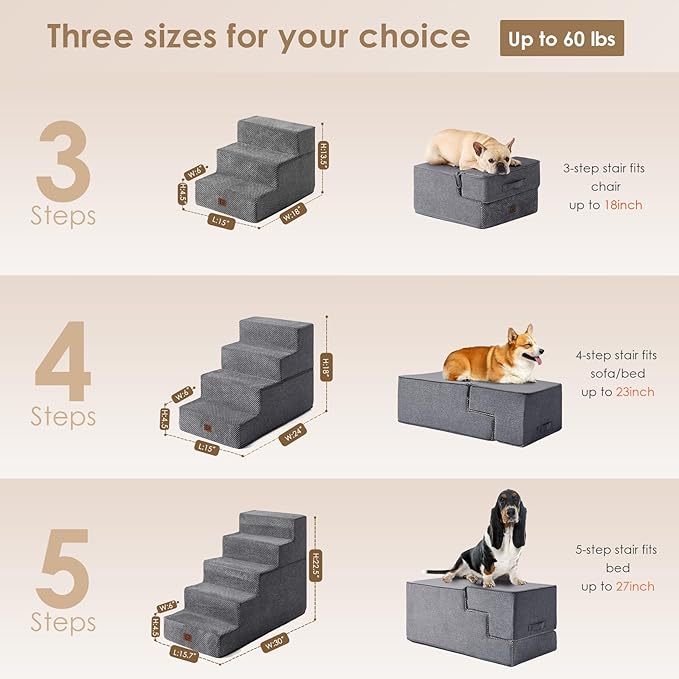 EHEYCIGA Dog Stairs for High Bed 22.5”H, 5-Step Dog Steps for Bed, Pet Steps for Small Dogs and Cats, Non-Slip Balanced Dog Indoor Ramp, Grey