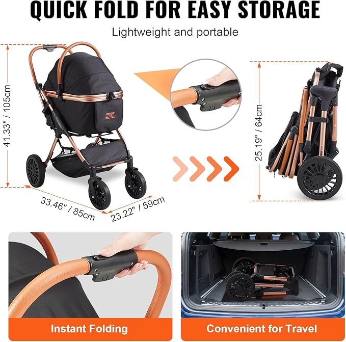 VEVOR 3 in 1 Large Pet Stroller for Dogs Cats Up to 66lbs, 4 Wheels Dog Stroller for Medium Large Dogs, Cat Stroller for 2 Cats Dogs with Detachable Carrier and Storage Basket