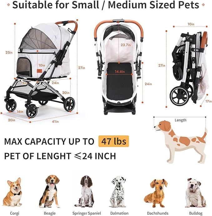 Pet Strollers for Small Medium Dogs Cats, No Zipper Entry with Reversible Handle, One-Hand Foldable Puppy Doggie Jogging Stroller Pet Travel (white)