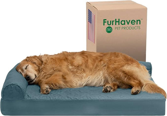 Furhaven Cooling Gel Dog Bed for Large Dogs w/ Removable Bolsters & Washable Cover, For Dogs Up to 95 lbs - Pinsonic Quilted Paw L Shaped Chaise - Bluestone, Jumbo/XL