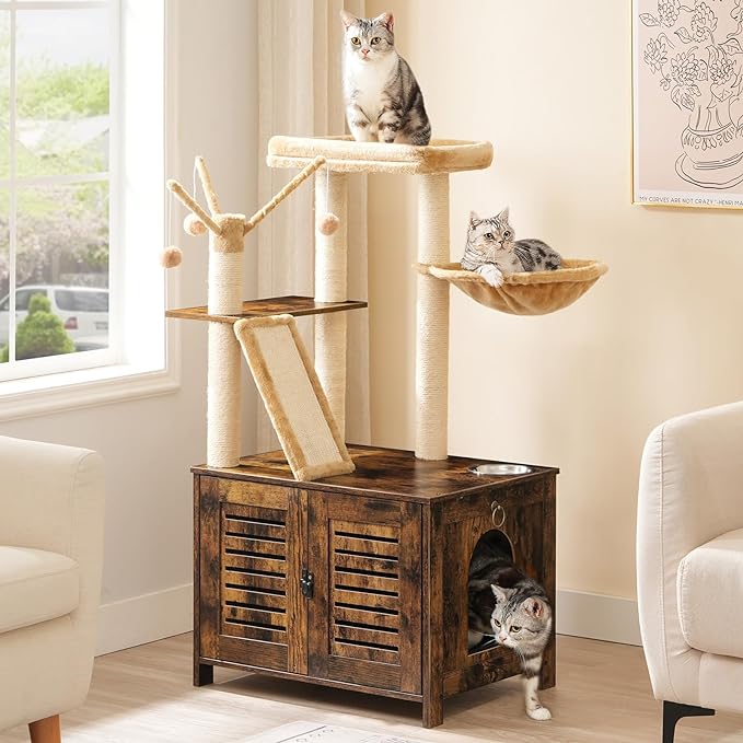 HOOBRO Cat Tree with Litter Box Enclosure, 44" Tall Wooden Cat Tower with Scratching Posts, Cat Hammock, Hidden Litter Box Furniture, All-in-One Indoor Cat Condo, Rustic Brown FG48MZ03