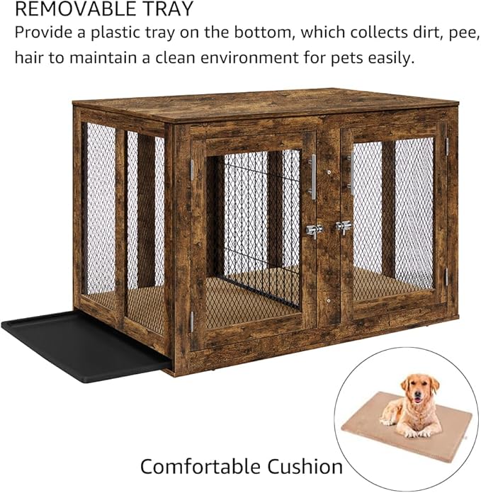 unipaws XL Furniture Dog Crate for Large Dogs with Tray and Divider, Extra Large Indoor Aesthetic Kennel Pet House Dog Cage for 2 Dogs, Wood Pretty Cute Fancy End Side Table Nightstand, Rustic