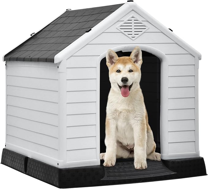 DWVO Large Outdoor Dog House, Plastic Doghouse with Air Vents and Ground Nails, Insulated Water Resistant Puppy Shelter for Small Medium Dogs (34.5''L x 31''W x 32''H, Gray)