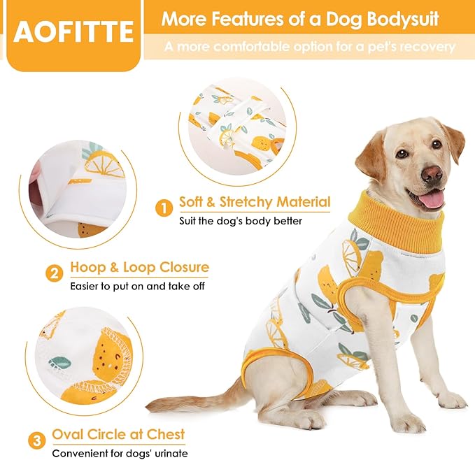AOFITEE Dog Recovery Suit, Dog Surgical Recovery Suit for Female Dogs Male Dogs, Cozy Dog Onesie for Surgery, Cone E-Collar Alternative, Anti Licking Dog Surgical Shirt with Pee Hole, Lemon 2XL