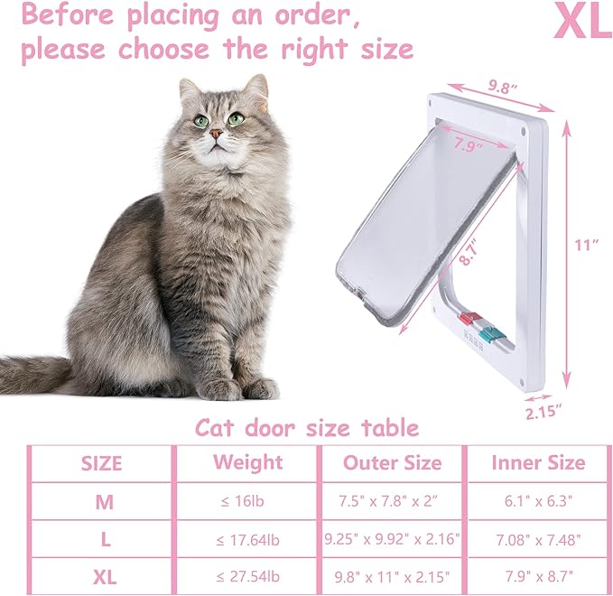 Cat Door Flap Extra Large (Outer Size 11" x 9.8"), 4 Way Locking for Interior Exterior Doors, Weatherproof Pet Door for Cats Doggie Kitties & Kittens, Easy Installation