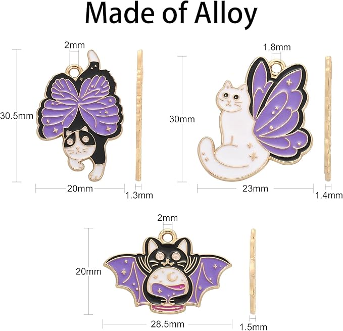 KitBeads 15pcs Enamel Butterfly Cat Charms Mixed Styles Purple Kitten Charms Halloween Bat Tarot Cat Charms for Jewelry Making Bracelets Bulk