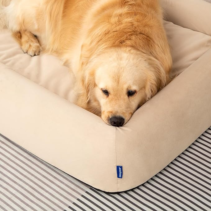 Orthopedic Dog Bed for Large Dogs Waterproof Pet Bed Soft Sofa with Two Fabrics Washable Removable Cover Egg Foam Support Anti-Slip Bottom Extra Head and Neck Support Sleeper,XL Beige