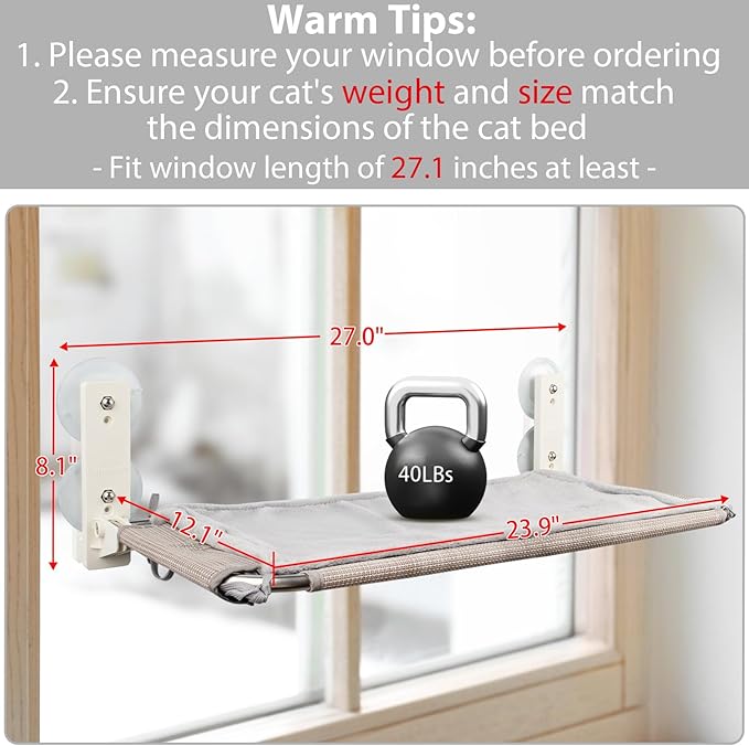 24'' Foldable Cat Window Perch, Sturdy and Stable Cat Window Hammock with 4 Strong Upgraded Suction Cups and Wall Anchors, Premium Reinforced Material and Flannel Cover Cat Bed for Large Cats